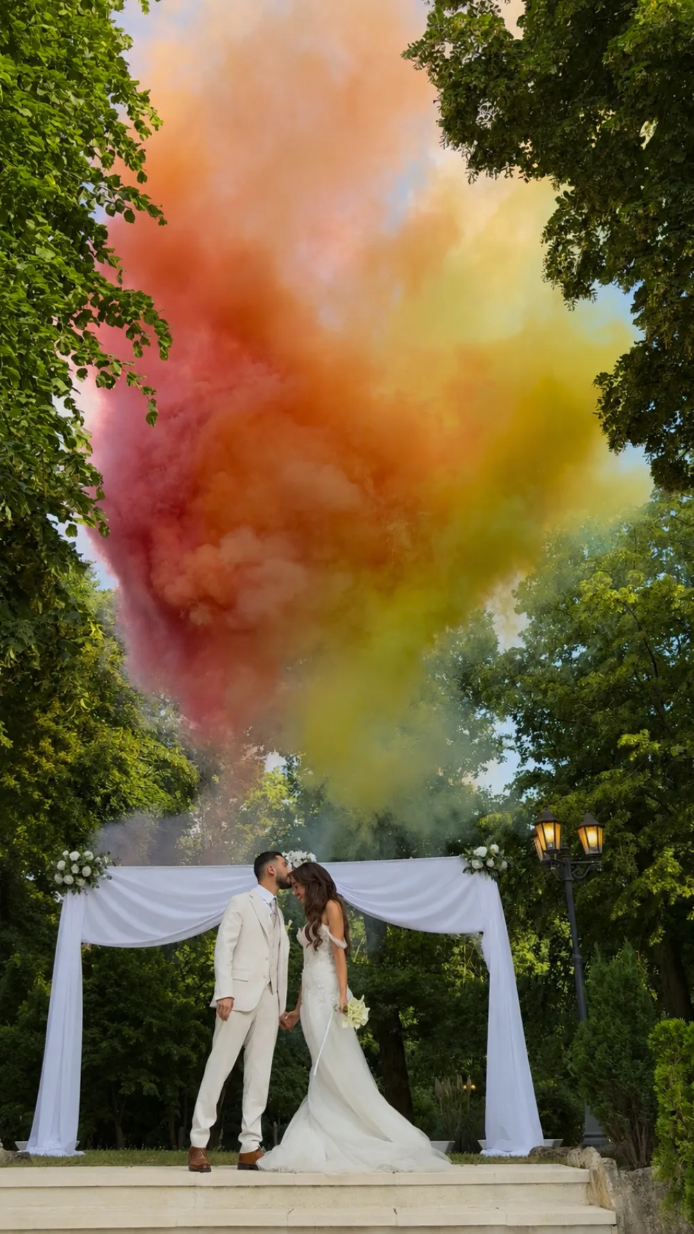 Fumigène multicolore au-dessus des mariés